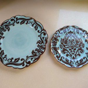 Decorative blue and brown damask pattern wall plates